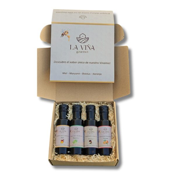 Caja de Vinamiel con 4 botellas de 100 ml en distintos sabores y presentación gourmet para regalar