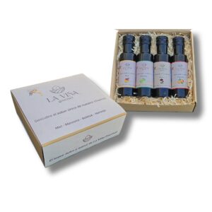 Caja de Vinamiel con 4 botellas de 100 ml en distintos sabores y presentación gourmet para regalar