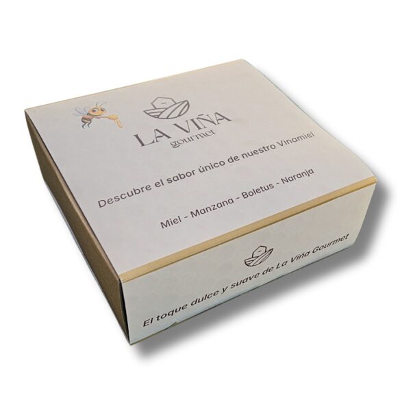 Caja de Vinamiel con 4 botellas de 100 ml en distintos sabores y presentación gourmet para regalar