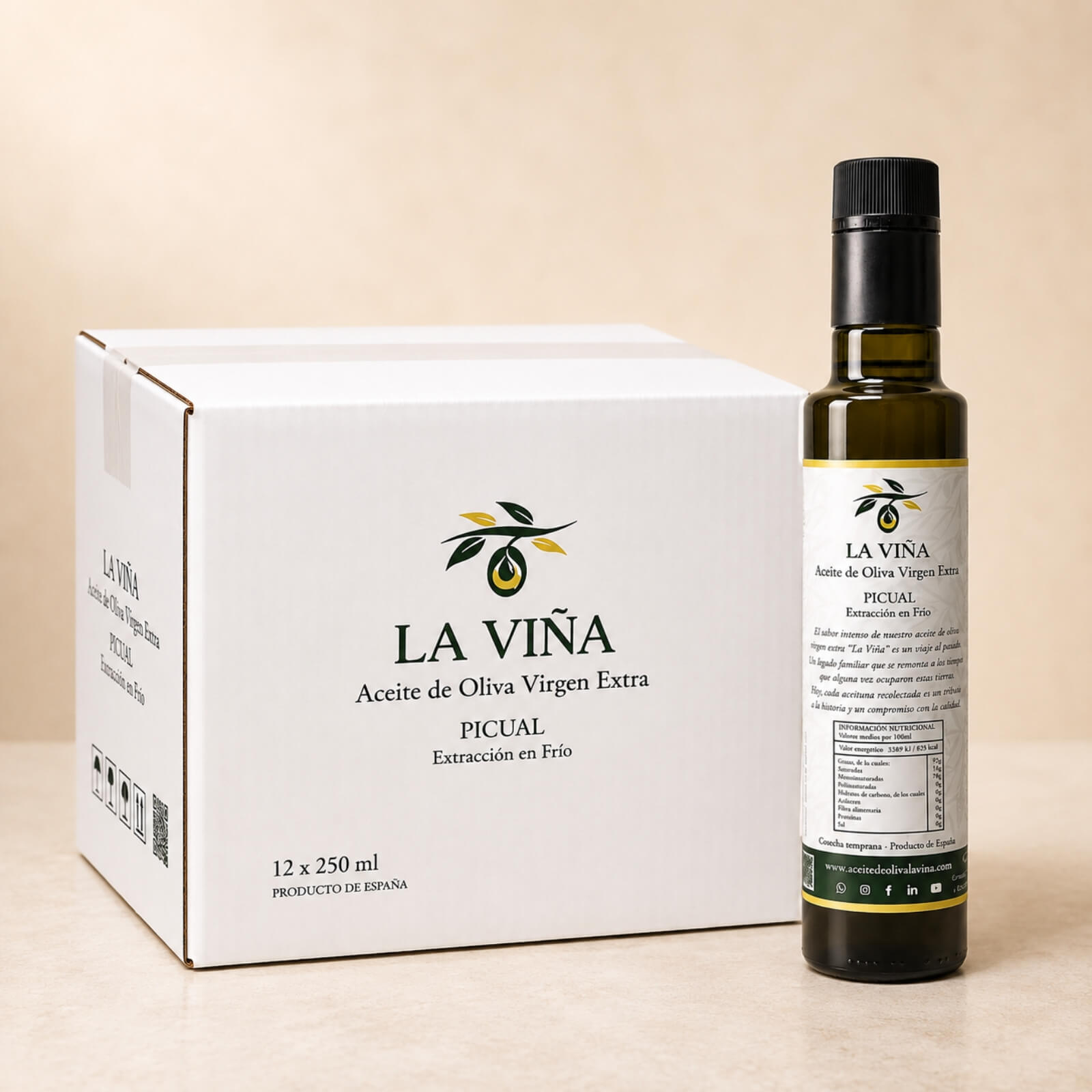 Caja de 12 botellas de aceite de oliva virgen extra de 250ml variedad picual de La Viña